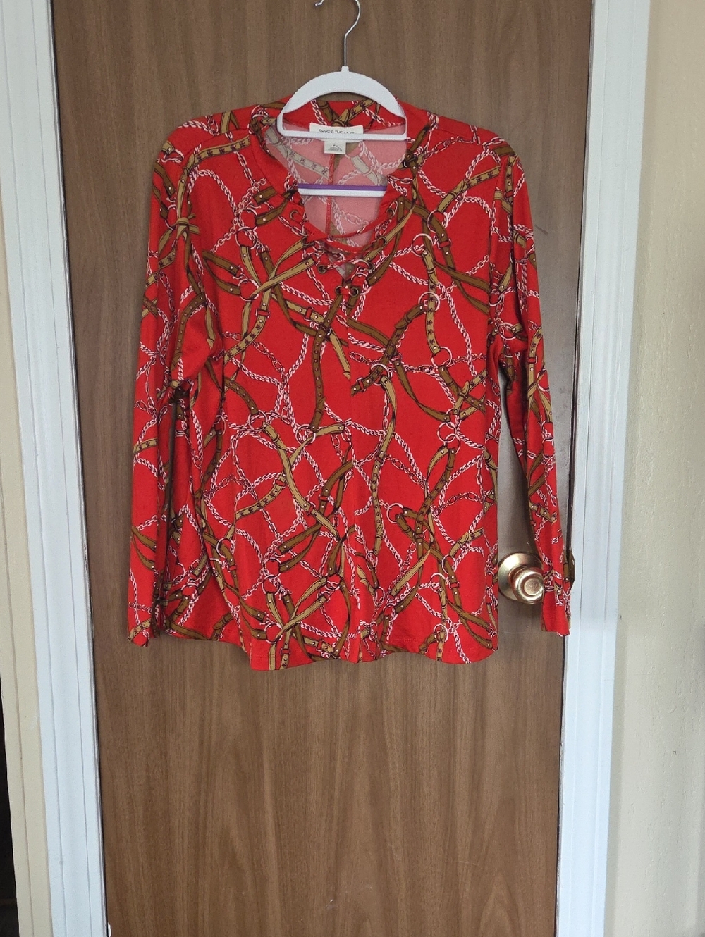 Skye's the Limit Red Chain-Print Long Sleeve V-Neck Top